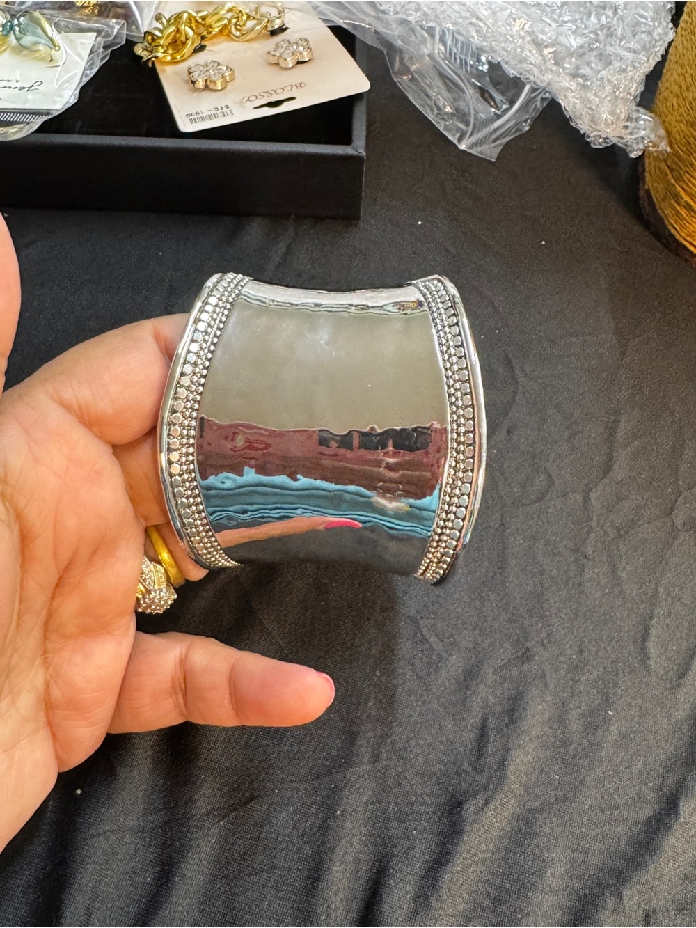 Chico's Silver Wide Cuff Bracelet with Rhinestone Trim